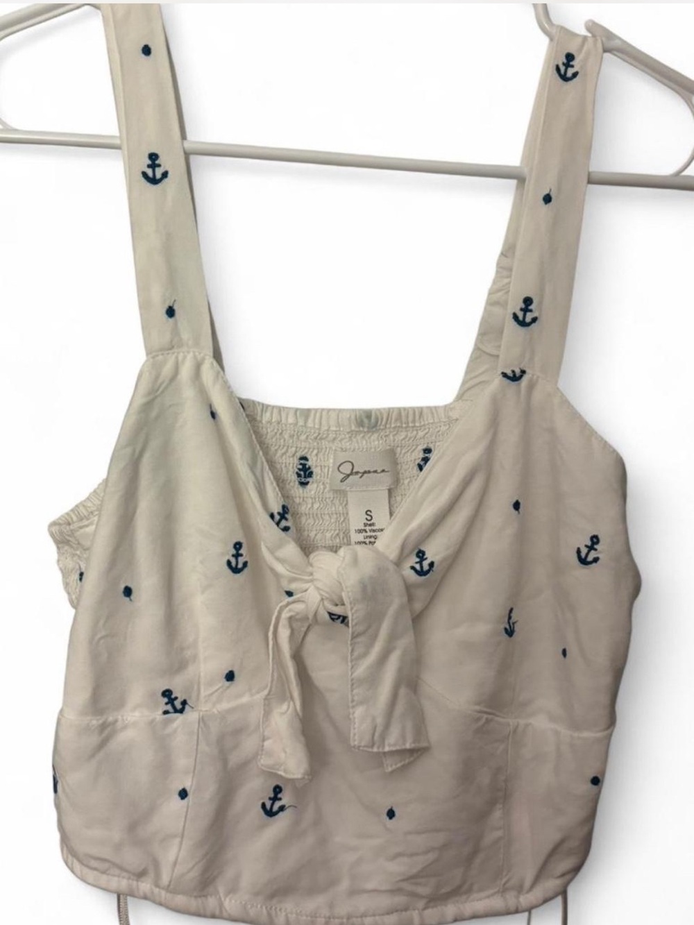 Japna White Tie-Front Tank with Navy Anchor Embroidery